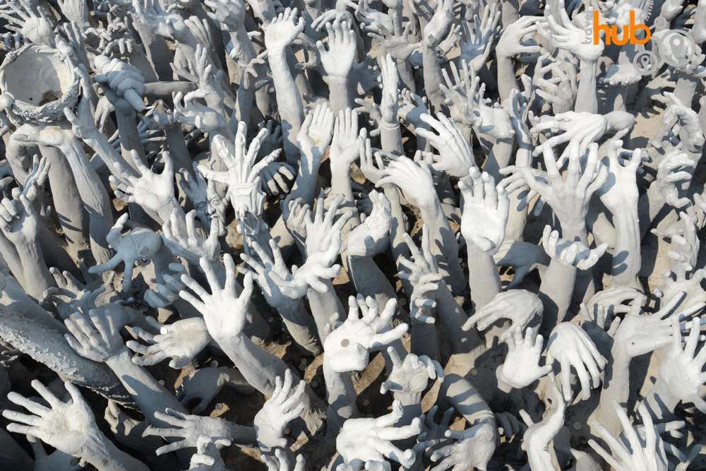 The hand sculpture at The White Temple