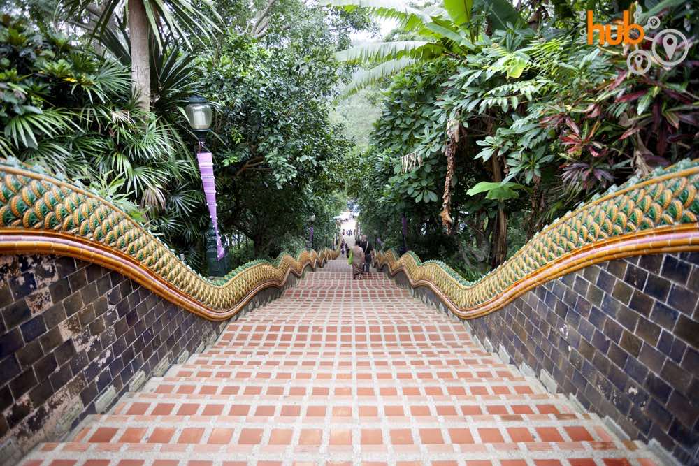 Climb the Naga staircase leading to the temple